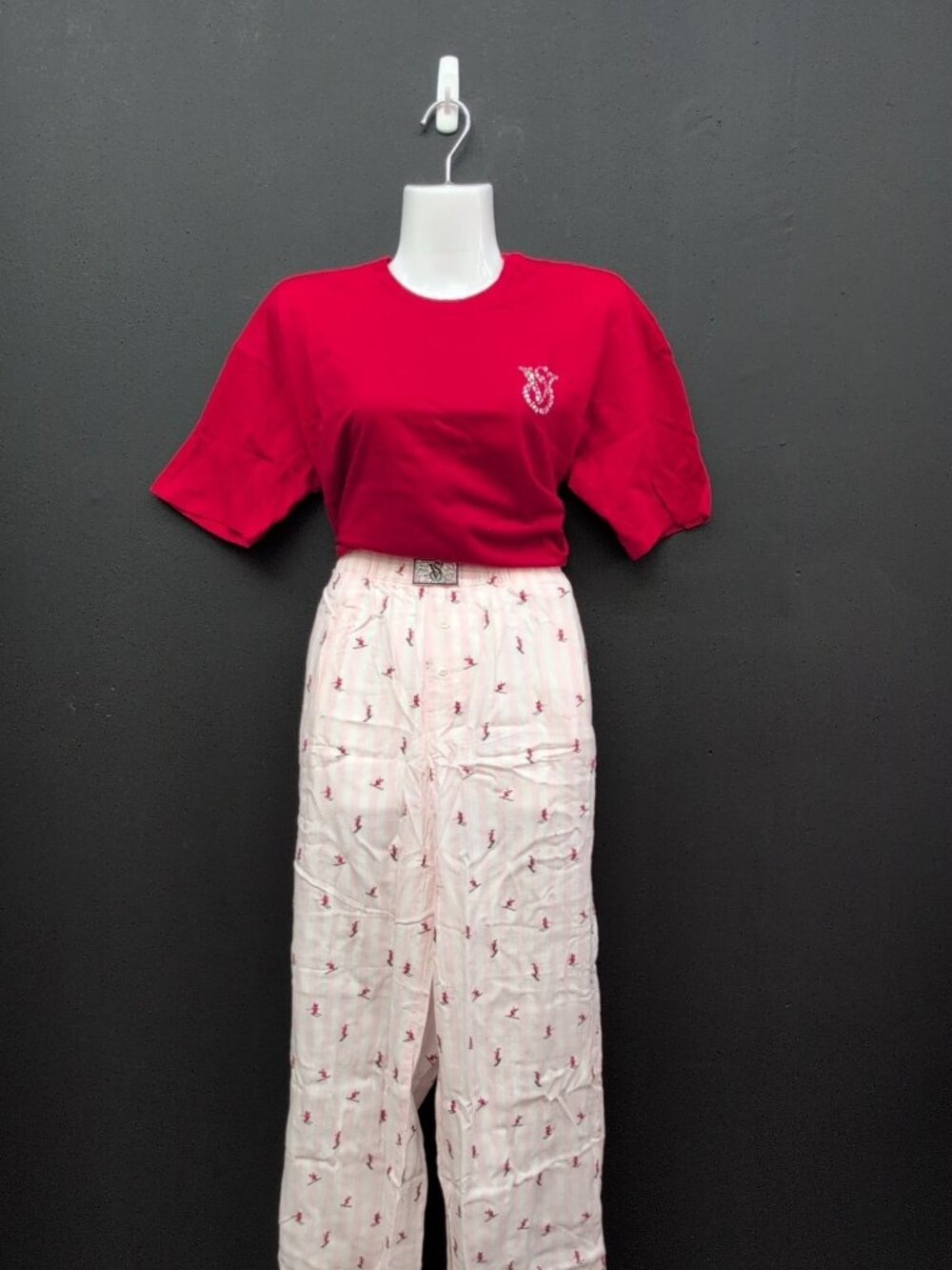 Victoria Secret Flannel Short Sleeve Long Tee Jama Set 2 Piece Small Red